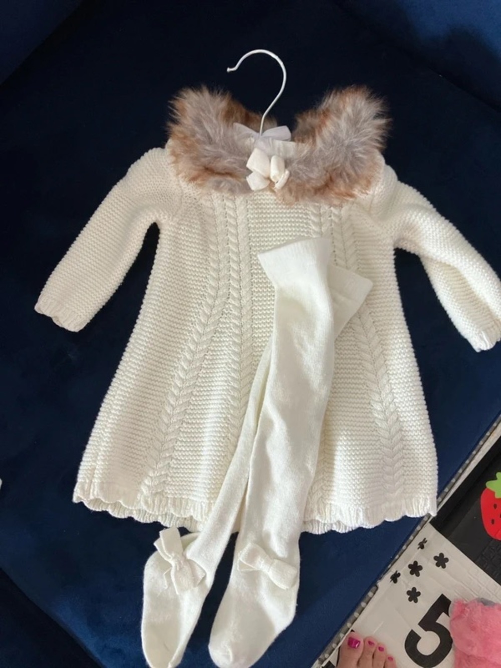 Baby Ivory Knit Sweater Dress with Faux Fur Hood & Matching Leggings